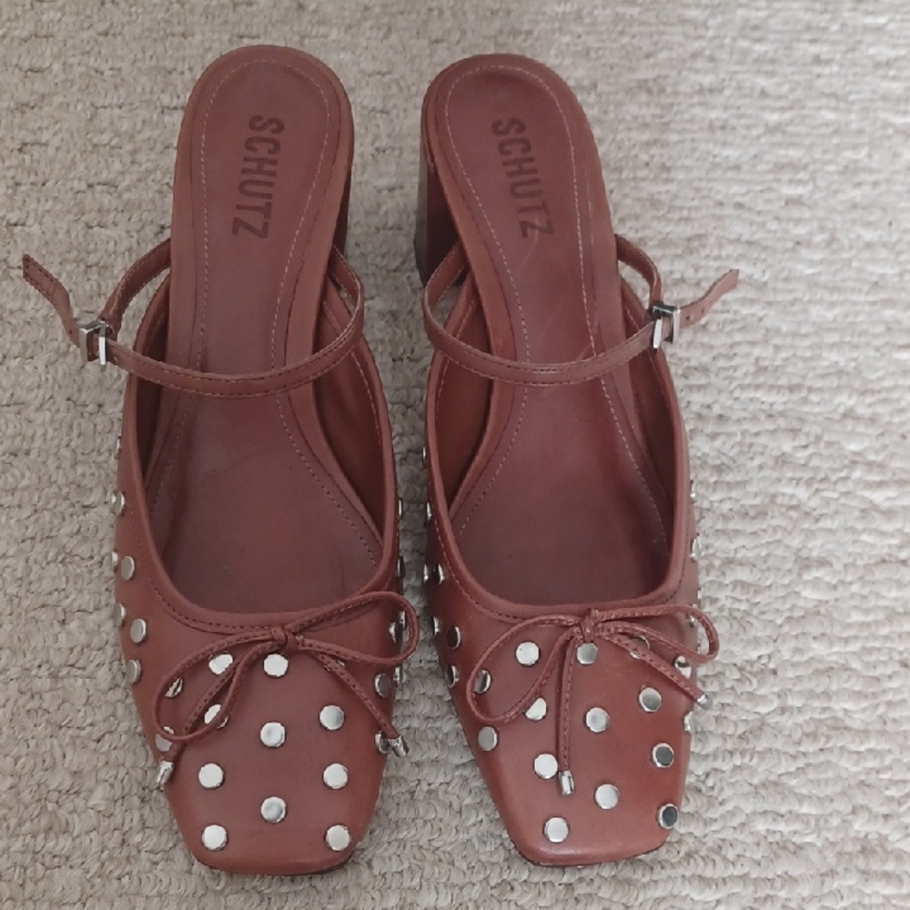 SCHUTZ Arissa Block Heel Tan Studded Mules
